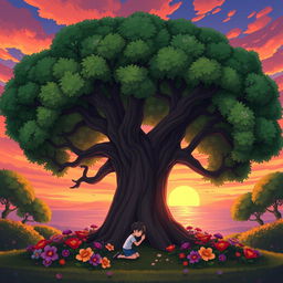 An animated scene depicting a large, enchanting tree with broad, luscious branches and beautiful flowers surrounding its base