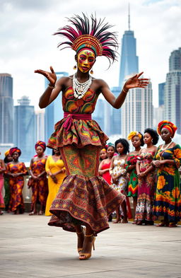 A vibrant scene featuring a dancing African female masquerade, her entire body and face covered in intricately designed colorful fabric and mask, gracefully moving in a traditional dance