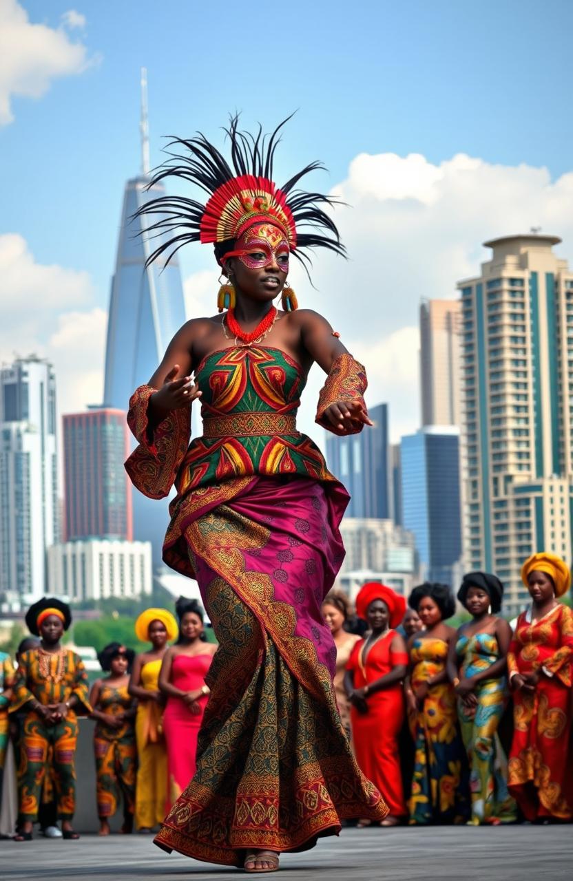 A vibrant scene featuring a dancing African female masquerade, her entire body and face covered in intricately designed colorful fabric and mask, gracefully moving in a traditional dance