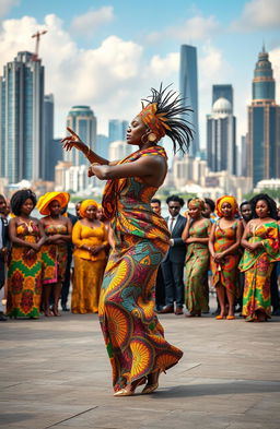 A vibrant scene featuring a dancing African female masquerade, her entire body and face covered in intricately designed colorful fabric and mask, gracefully moving in a traditional dance