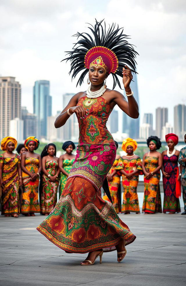 A vibrant scene featuring a dancing African female masquerade, her entire body and face covered in intricately designed colorful fabric and mask, gracefully moving in a traditional dance