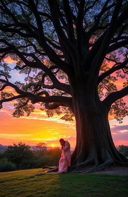 A magnificent, large tree with a thick trunk and sprawling branches, set against a breathtaking sunset sky filled with vibrant oranges, pinks, and purples