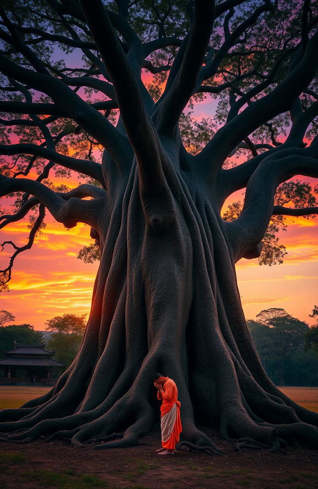 A magnificent, large tree with a thick trunk and sprawling branches, set against a breathtaking sunset sky filled with vibrant oranges, pinks, and purples