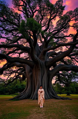 A magnificent, large tree with a thick trunk and sprawling branches, set against a breathtaking sunset sky filled with vibrant oranges, pinks, and purples