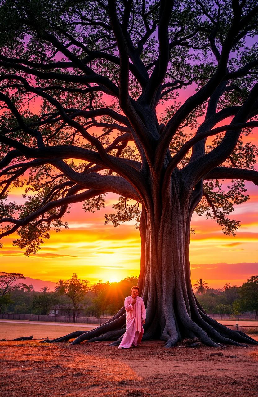 A magnificent, large tree with a thick trunk and sprawling branches, set against a breathtaking sunset sky filled with vibrant oranges, pinks, and purples