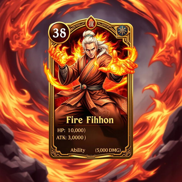 An impressive trading card design featuring a powerful Fire Fist Monk character, exuding strength and wisdom