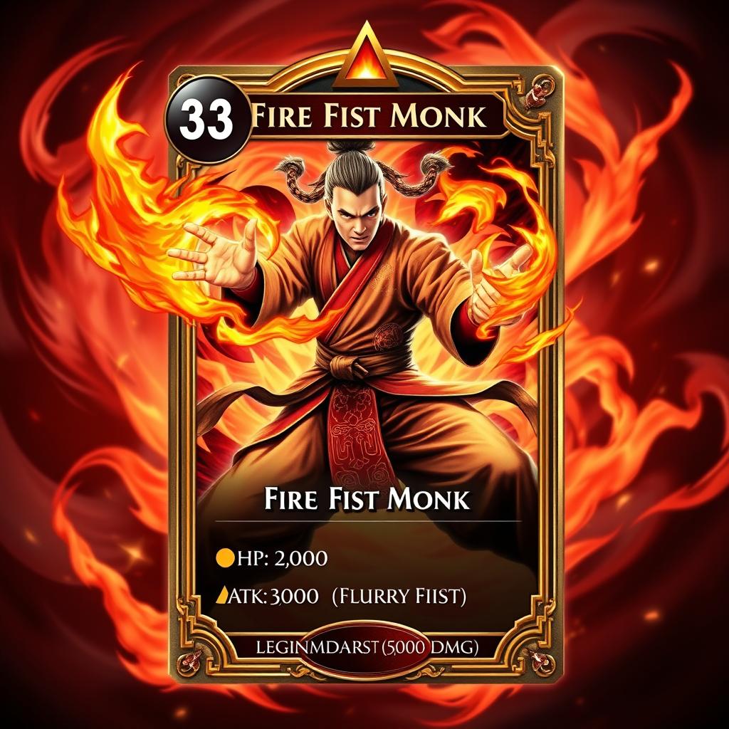 An impressive trading card design featuring a powerful Fire Fist Monk character, exuding strength and wisdom