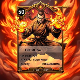 An impressive trading card design featuring a powerful Fire Fist Monk character, exuding strength and wisdom