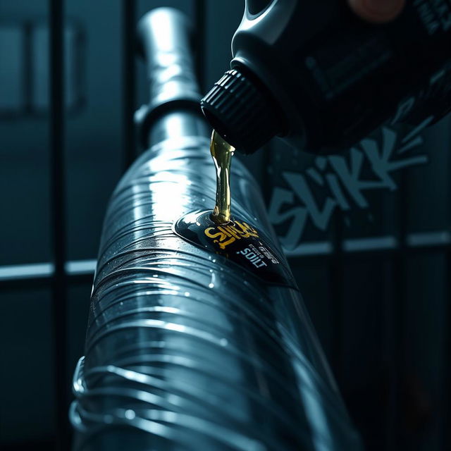 A close-up image of a large black baseball bat wrapped in clear plastic, with glistening clear oil from a big black lubricant container labeled with a graffiti logo reading 'SLiKK'