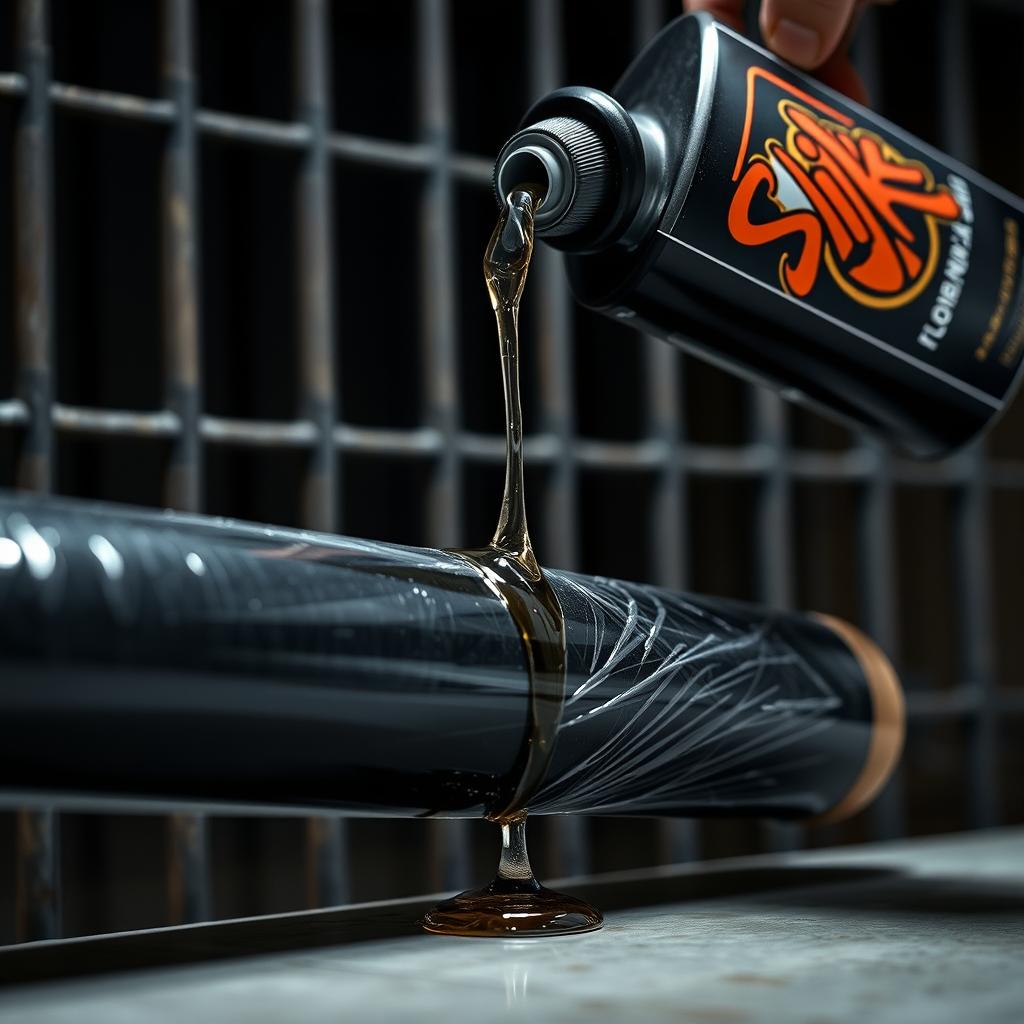 A close-up image of a large black baseball bat wrapped in clear plastic, with glistening clear oil from a big black lubricant container labeled with a graffiti logo reading 'SLiKK'