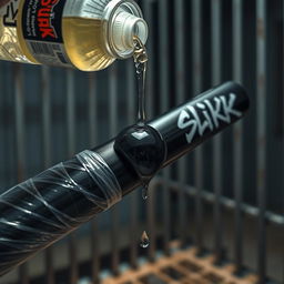 A close-up image of a large black baseball bat wrapped in clear plastic, with glistening clear oil from a big black lubricant container labeled with a graffiti logo reading 'SLiKK'