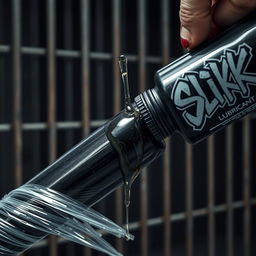A close-up image of a large black baseball bat wrapped in clear plastic, with glistening clear oil from a big black lubricant container labeled with a graffiti logo reading 'SLiKK'