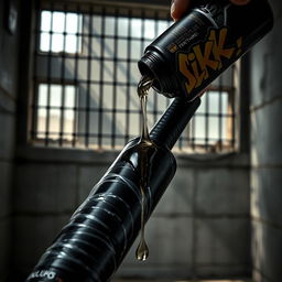 A close-up view of a large black baseball bat wrapped in transparent plastic, with clear oil pouring from a big black lube container featuring a vibrant 'SLiKK' graffiti logo