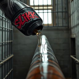 A close-up view of a large black baseball bat wrapped in transparent plastic, with clear oil pouring from a big black lube container featuring a vibrant 'SLiKK' graffiti logo