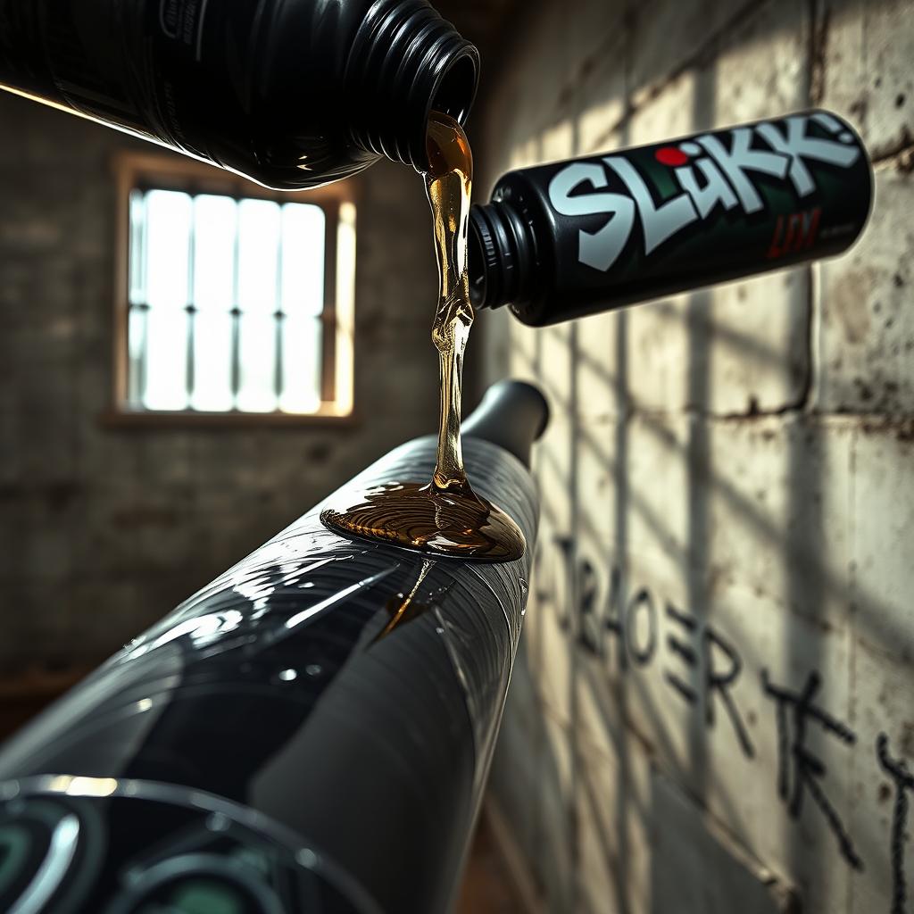 A close-up view of a large black baseball bat wrapped in transparent plastic, with clear oil pouring from a big black lube container featuring a vibrant 'SLiKK' graffiti logo