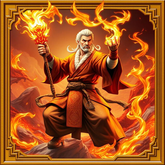 A stunning trading card design featuring a formidable Fire Fist Monk wielding a magnificent fire staff, radiating power and mastery of flame