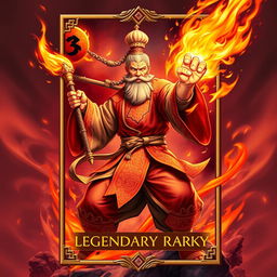 A stunning trading card design featuring a formidable Fire Fist Monk wielding a magnificent fire staff, radiating power and mastery of flame