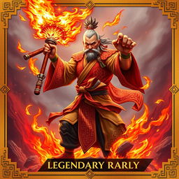 A stunning trading card design featuring a formidable Fire Fist Monk wielding a magnificent fire staff, radiating power and mastery of flame