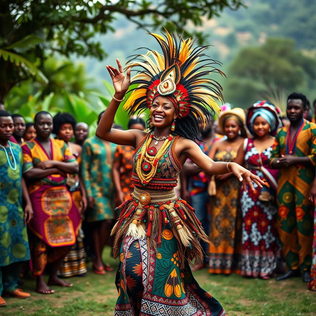 An energetic African female masquerade dancer performing a vibrant dance, dressed in a colorful and elaborate traditional masquerade costume adorned with beads and feathers