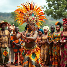 An energetic African female masquerade dancer performing a vibrant dance, dressed in a colorful and elaborate traditional masquerade costume adorned with beads and feathers