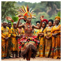 An energetic African female masquerade dancer performing a vibrant dance, dressed in a colorful and elaborate traditional masquerade costume adorned with beads and feathers