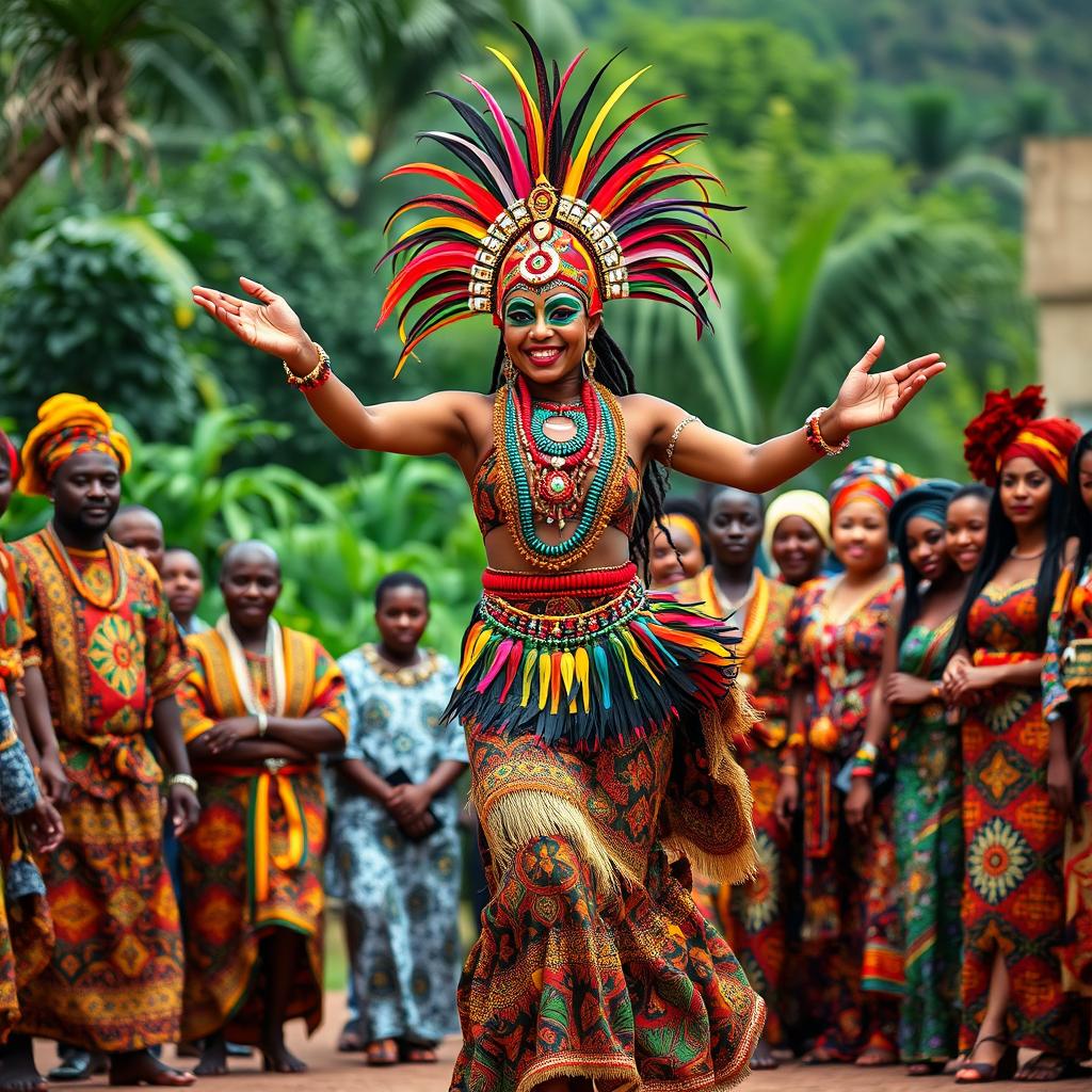 An energetic African female masquerade dancer performing a vibrant dance, dressed in a colorful and elaborate traditional masquerade costume adorned with beads and feathers