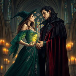 An enchanting scene depicting a witch and a king vampire in a romantic embrace within a grand, candlelit castle hall