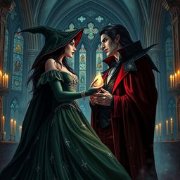 An enchanting scene depicting a witch and a king vampire in a romantic embrace within a grand, candlelit castle hall