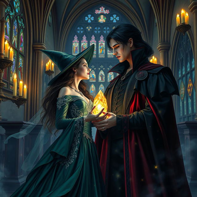 An enchanting scene depicting a witch and a king vampire in a romantic embrace within a grand, candlelit castle hall