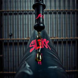 A dramatic close-up shot of a large black baseball bat wrapped in plastic