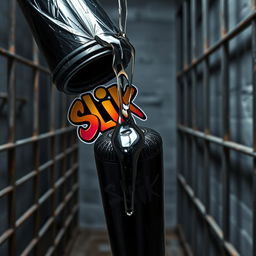 A dramatic close-up shot of a large black baseball bat wrapped in plastic