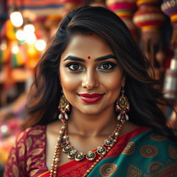 A portrait of an Indian woman with voluptuous features, showcasing her cultural attire such as a vibrant saree, adorned with beautiful patterns and jewelry