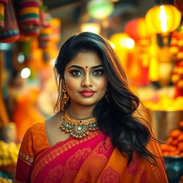 A portrait of an Indian woman with voluptuous features, showcasing her cultural attire such as a vibrant saree, adorned with beautiful patterns and jewelry