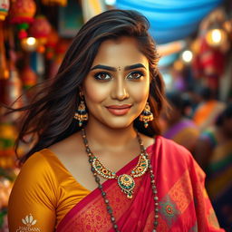 A portrait of an Indian woman with voluptuous features, showcasing her cultural attire such as a vibrant saree, adorned with beautiful patterns and jewelry