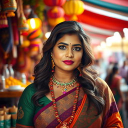 A portrait of an Indian woman with voluptuous features, showcasing her cultural attire such as a vibrant saree, adorned with beautiful patterns and jewelry