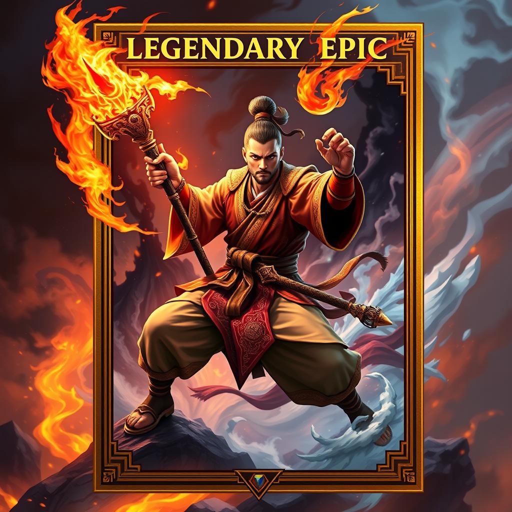 A captivating trading card design featuring a Fire Fist Monk wielding a magnificent fire staff, embodying both power and grace