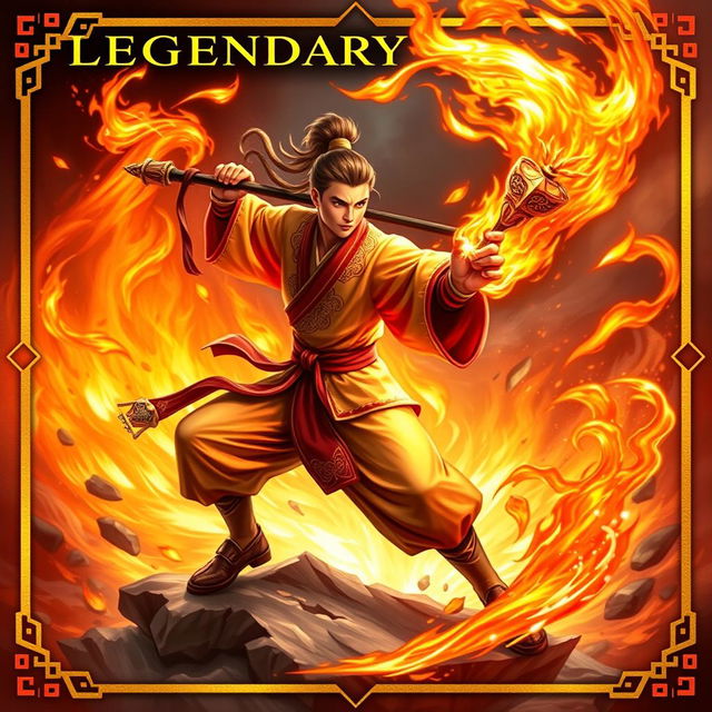 A captivating trading card design featuring a Fire Fist Monk wielding a magnificent fire staff, embodying both power and grace