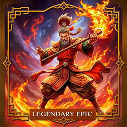 A captivating trading card design featuring a Fire Fist Monk wielding a magnificent fire staff, embodying both power and grace