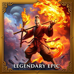A captivating trading card design featuring a Fire Fist Monk wielding a magnificent fire staff, embodying both power and grace