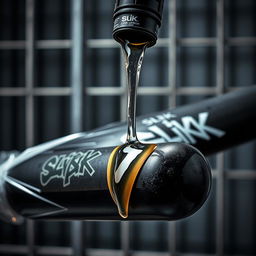 A close-up image capturing a huge black baseball bat wrapped in plastic, with clear oil pouring from a large black lube container featuring a prominent "SLiKK" graffiti logo