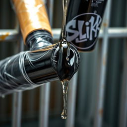 A close-up image capturing a huge black baseball bat wrapped in plastic, with clear oil pouring from a large black lube container featuring a prominent "SLiKK" graffiti logo