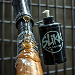 A close-up image capturing a huge black baseball bat wrapped in plastic, with clear oil pouring from a large black lube container featuring a prominent "SLiKK" graffiti logo