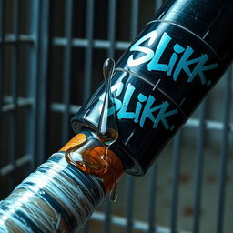 A close-up image capturing a huge black baseball bat wrapped in plastic, with clear oil pouring from a large black lube container featuring a prominent "SLiKK" graffiti logo