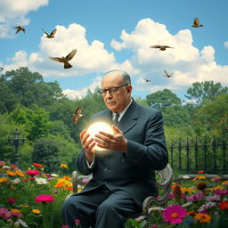 A surreal and thought-provoking scene featuring a historical figure resembling a World War II leader in a park