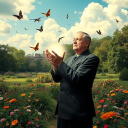 A surreal and thought-provoking scene featuring a historical figure resembling a World War II leader in a park