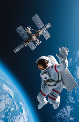 An astronaut floating in the vacuum of space, reaching out towards the International Space Station (ISS) in the background