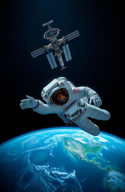 An astronaut floating in the vacuum of space, reaching out towards the International Space Station (ISS) in the background