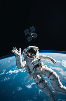 An astronaut floating in the vacuum of space, reaching out towards the International Space Station (ISS) in the background