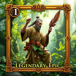 A mesmerizing trading card design featuring a Forest Monk wielding a beautifully crafted wooden leafy staff, symbolizing harmony with nature
