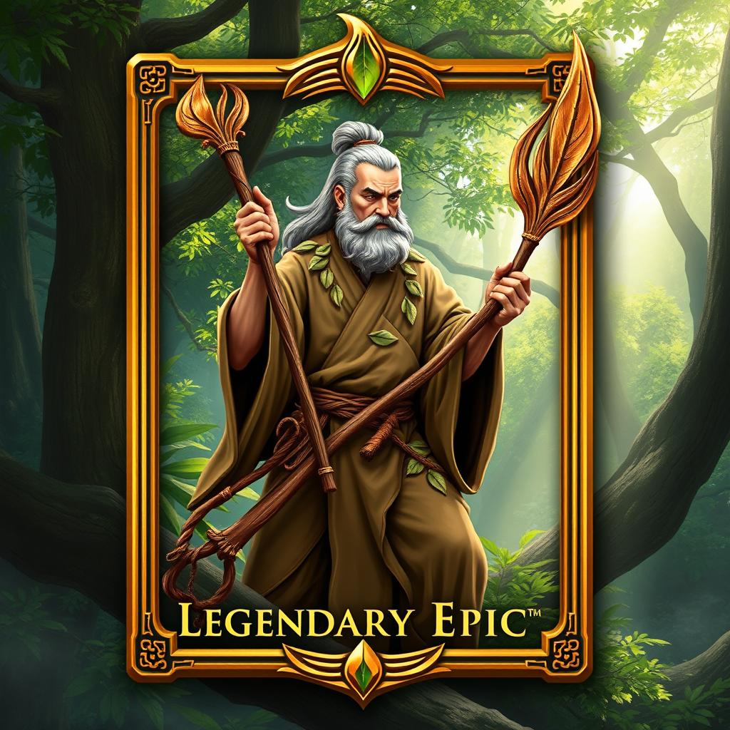 A mesmerizing trading card design featuring a Forest Monk wielding a beautifully crafted wooden leafy staff, symbolizing harmony with nature